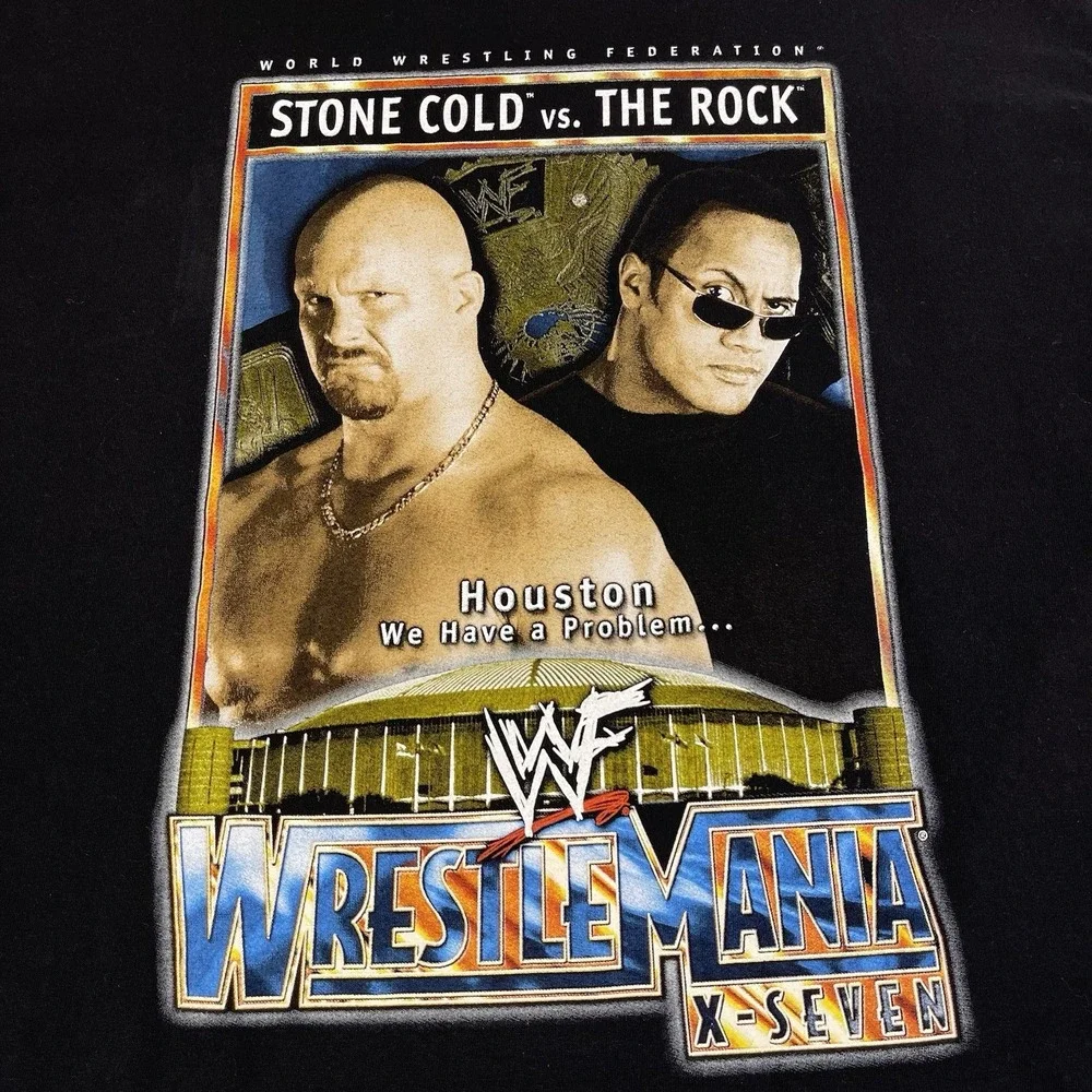 Vintage Wrestlemania 17 Stone Cold Vs The Rock T-Shirt Size XL Black WWF WWE‎